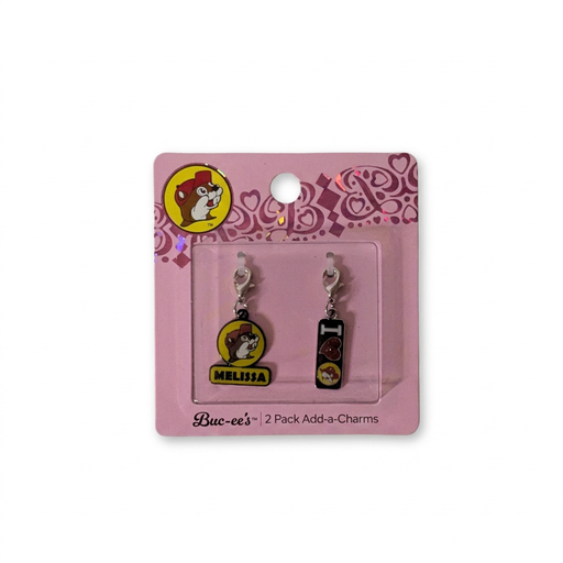 Buc-ee’s 2 Pack Add-a-Charms with a “Melissa” name charm featuring the beaver logo and an “I Heart Buc-ee’s” bar charm