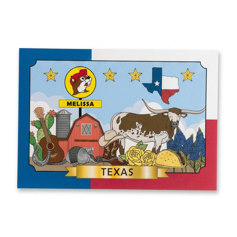 Buc-ee’s Melissa, TX postcard with Texas flag border, longhorn, yellow roses, taco, and illustrated Texas icons
