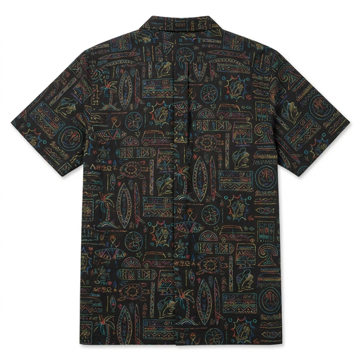 Back of the Buc-ee’s men’s Neon Tiki camp shirt, with the neon tiki print covering the whole back and a center back seam