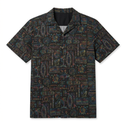 Buc-ee’s men’s Neon Tiki camp shirt in black, a short sleeve button-up with a neon palm tree, surfboard, and wave print