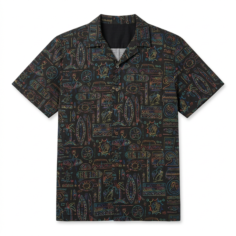 Buc-ee’s men’s Neon Tiki camp shirt in black, a short sleeve button-up with a neon palm tree, surfboard, and wave print
