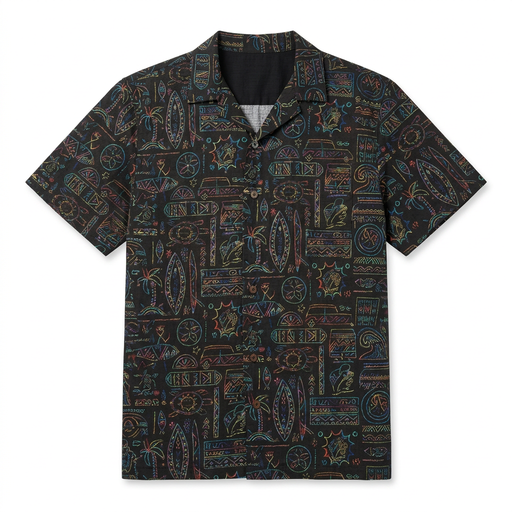 Buc-ee’s men’s Neon Tiki camp shirt in black, a short sleeve button-up with a neon palm tree, surfboard, and wave print