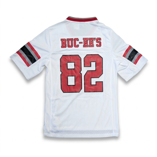 Back of the Buc-ee’s men’s Texas 82 football jersey with “Buc-ee’s” across the shoulders above a large red 82