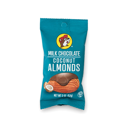 Buc-ee's Milk Chocolate Coconut Almonds in a 2 oz teal snack pouch, an on-the-go chocolate almond treat with coconut