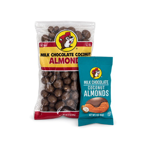 Buc-ee's Milk Chocolate Coconut Almonds in a large clear bag and a 2 oz pouch, chocolate-covered almonds with coconut