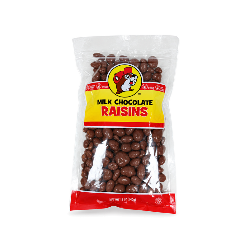12 oz clear bag of Buc-ee's Milk Chocolate Raisins