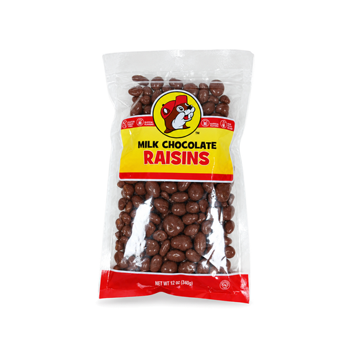 12 oz clear bag of Buc-ee's Milk Chocolate Raisins