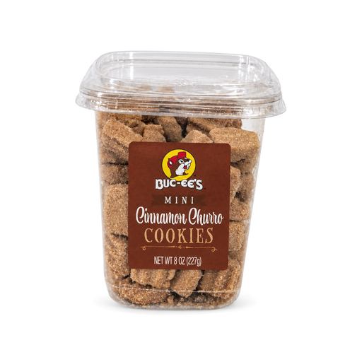 Buc-ee's Mini Cinnamon Churro Cookies in an 8 oz square tub, cinnamon sugar-coated cookie bites with churro flavor