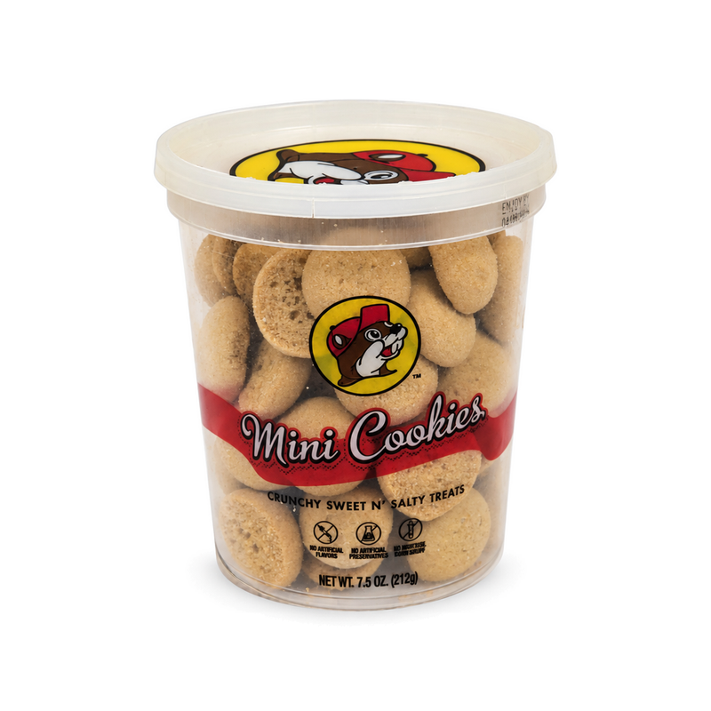 7.5 oz tub of Buc-ee's Mini Cookies with red label, front view on white