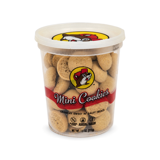 7.5 oz tub of Buc-ee's Mini Cookies with red label, front view on white