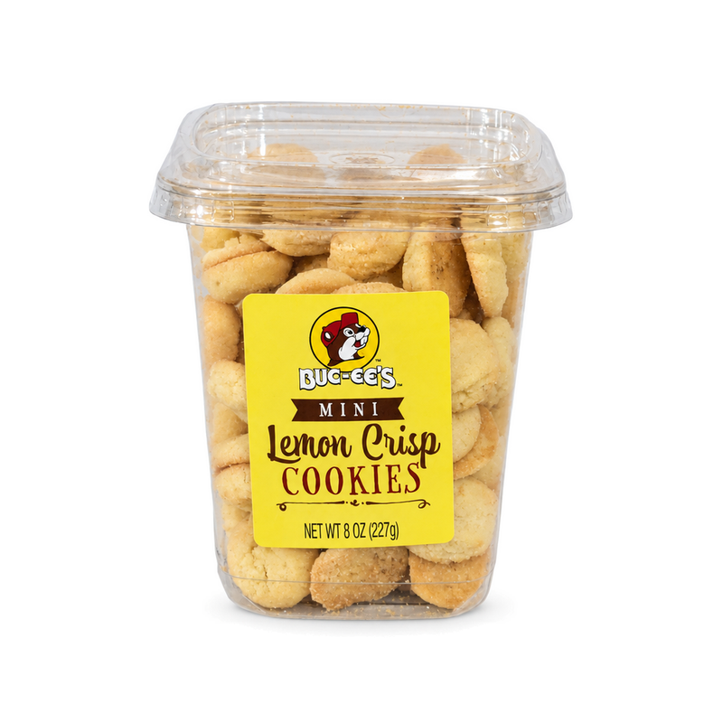 8 oz clear tub of Buc-ee's Mini Lemon Crisp Cookies