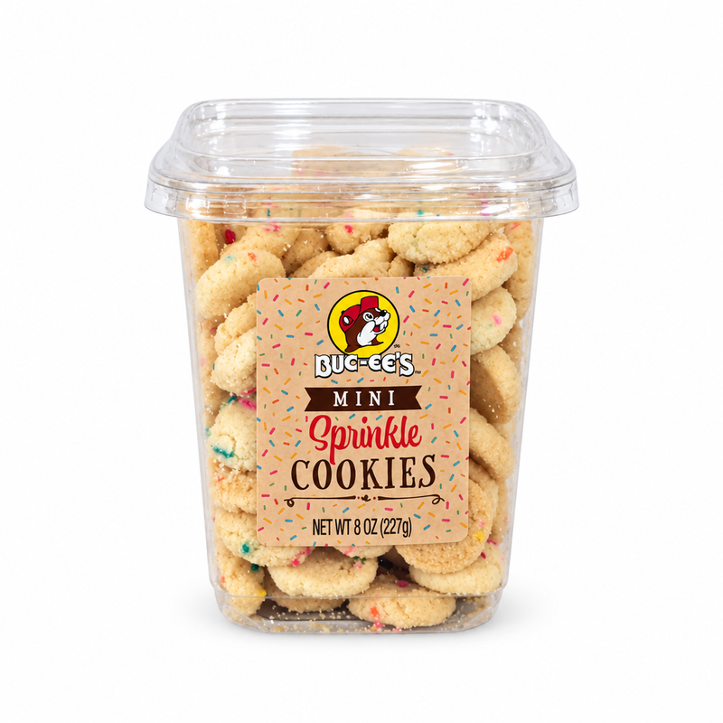 8 oz clear tub of Buc-ee's Mini Party Sprinkle Cookies