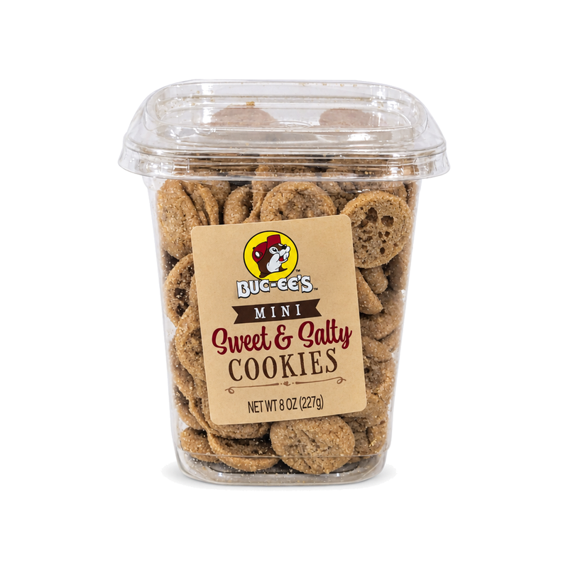 8 oz clear tub of Buc-ee's Mini Sweet & Salty Cookies