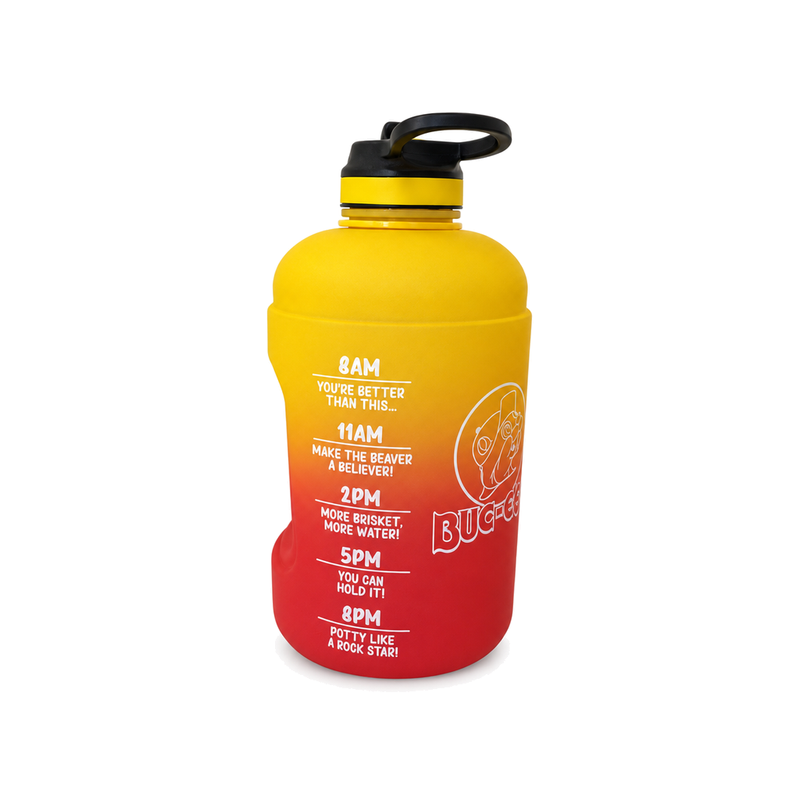 Buc-ee's motivational water jug with yellow-to-red ombre, 8AM–8PM time markers, black handle lid, and beaver logo