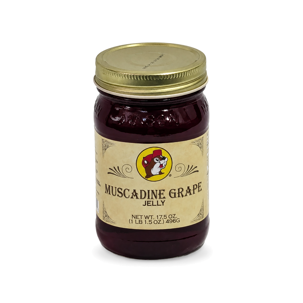 Buc-ee's Muscadine Grape Jelly in a 17.5 oz glass mason jar with gold lid, a sweet Southern fruit spread for toast