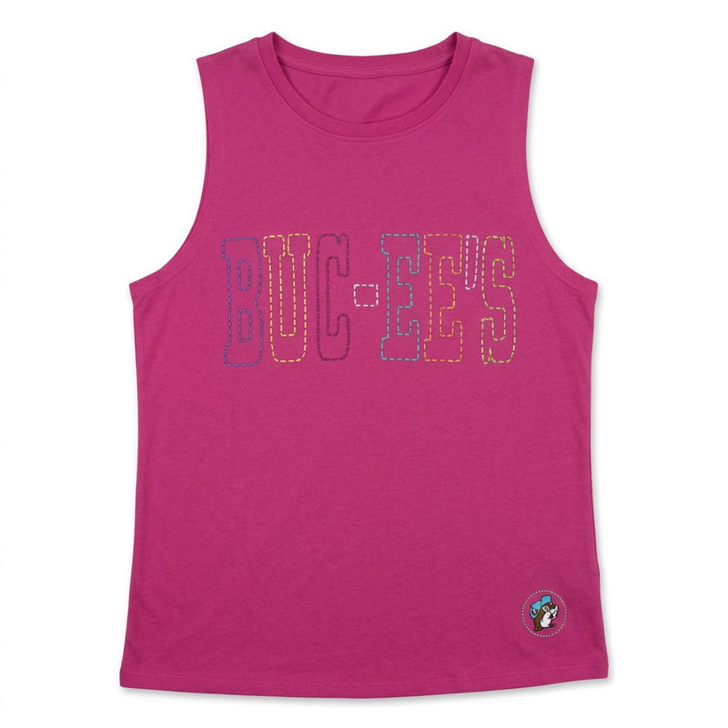 Buc-ee’s muscle tank in fuchsia with rainbow stitched-outline lettering and small beaver patch at the hem,
