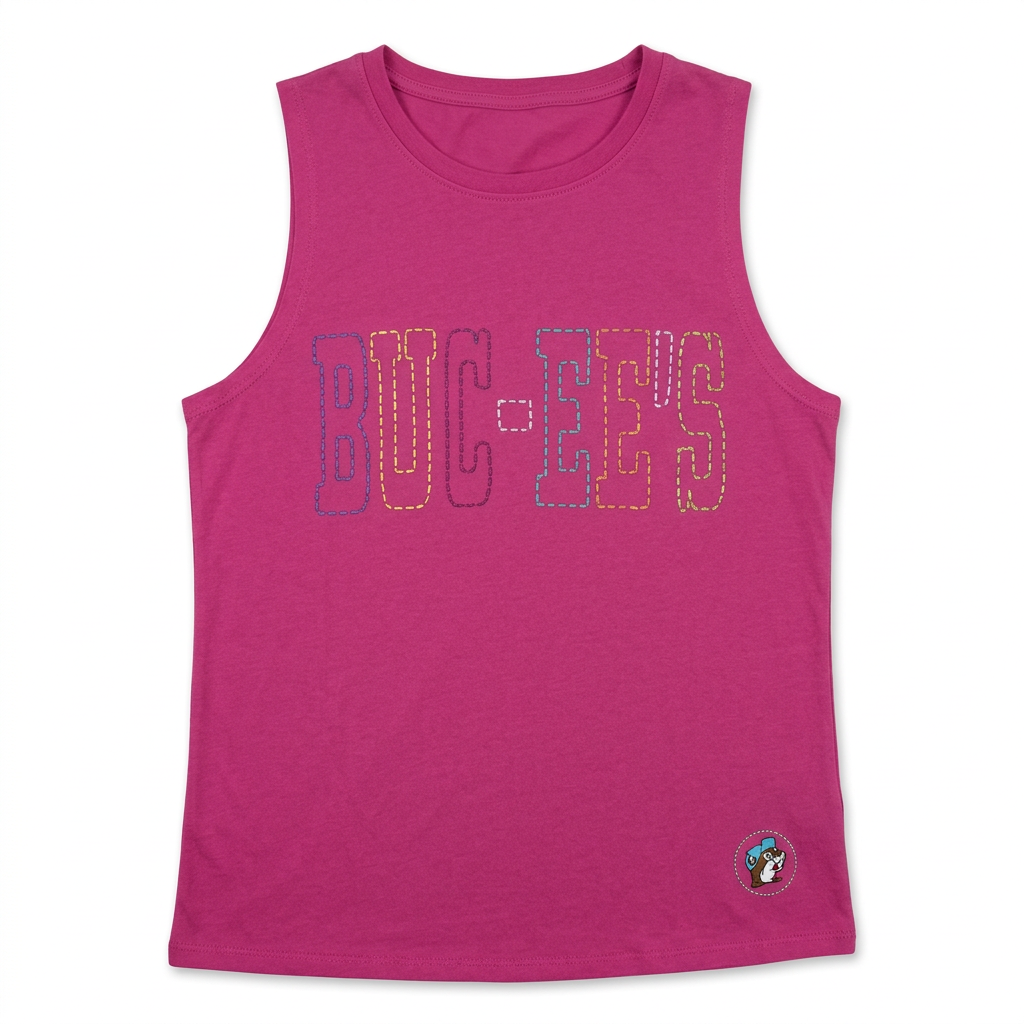 Buc-ee’s muscle tank in fuchsia with rainbow stitched-outline lettering and small beaver patch at the hem,