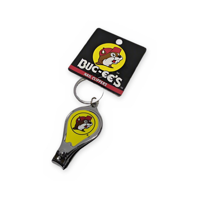 Buc-ee’s nail clippers keychain with yellow beaver logo, silver metal finish and key ring, on its black retail display card