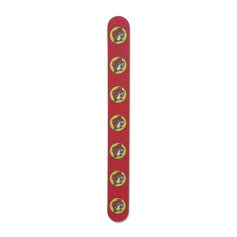 Buc-ee’s Nail File, a red emery board with a row of seven yellow beaver logos and rounded ends