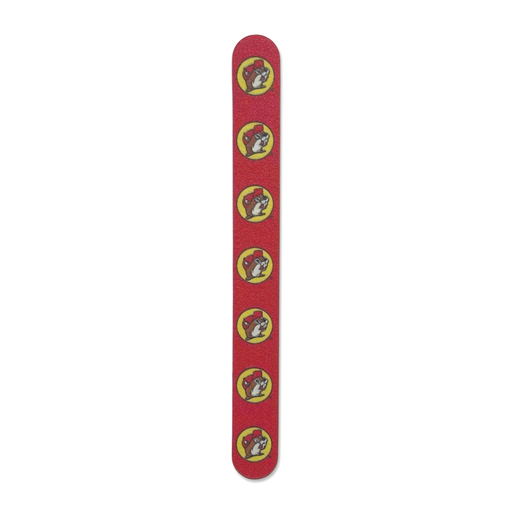 Buc-ee’s Nail File, a red emery board with a row of seven yellow beaver logos and rounded ends
