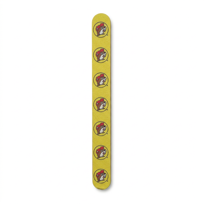 Buc-ee’s Nail File, a yellow emery board with a row of seven outlined beaver logos and rounded ends