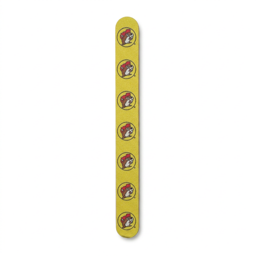 Buc-ee’s Nail File, a yellow emery board with a row of seven outlined beaver logos and rounded ends