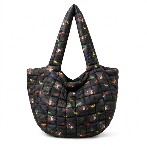 Buc-ee’s Neon Bat puffy tote bag, a black quilted shoulder bag printed with colorful bats and beaver mascots