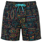 Buc-ee’s Neon Tiki swim shorts in black with a neon print of palm trees, surfboards, waves, and vans, plus a teal drawstring