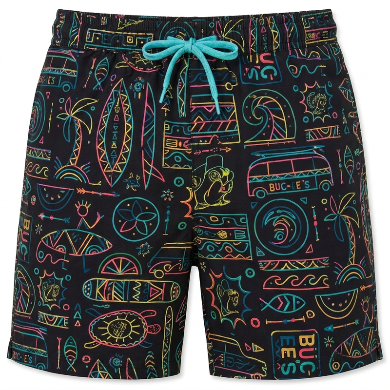 Buc-ee’s Neon Tiki swim shorts in black with a neon print of palm trees, surfboards, waves, and vans, plus a teal drawstring