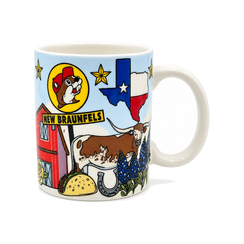 Buc-ee's New Braunfels ceramic mini mug with the beaver logo, Texas flag map, longhorn, bluebonnets, and a taco design
