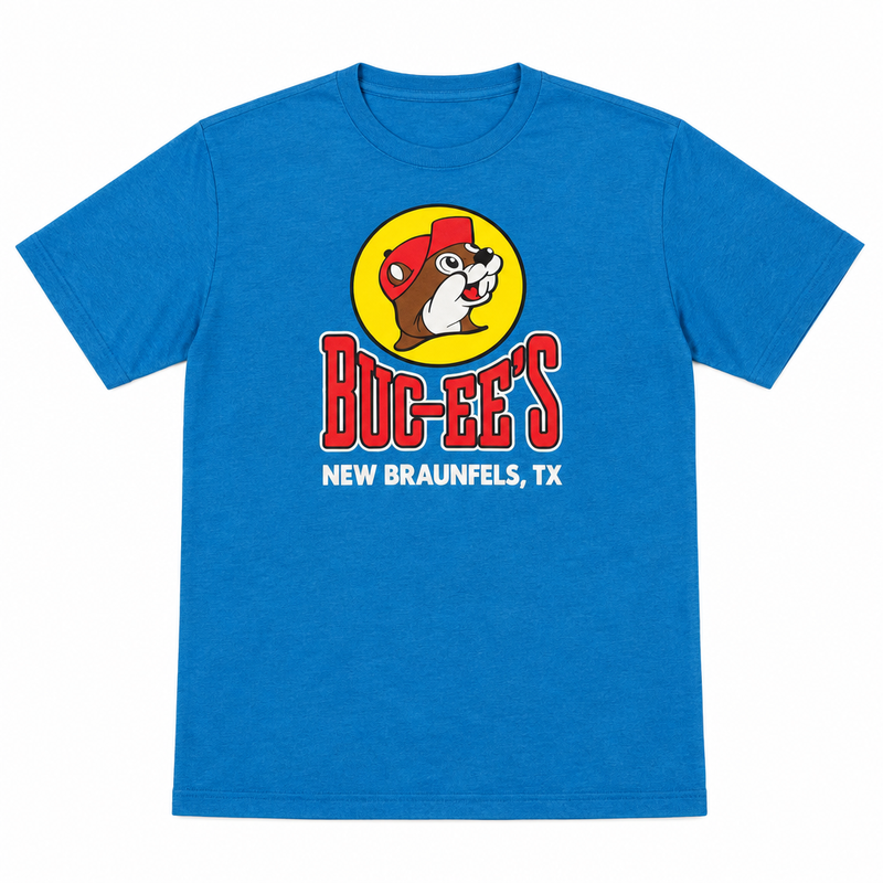 Buc-ee's New Braunfels, TX location t-shirt in blue, short sleeve crewneck with beaver mascot logo