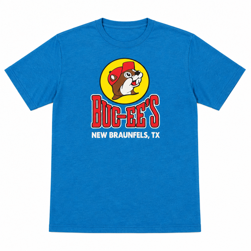 Buc-ee's New Braunfels, TX location t-shirt in blue, short sleeve crewneck with beaver mascot logo