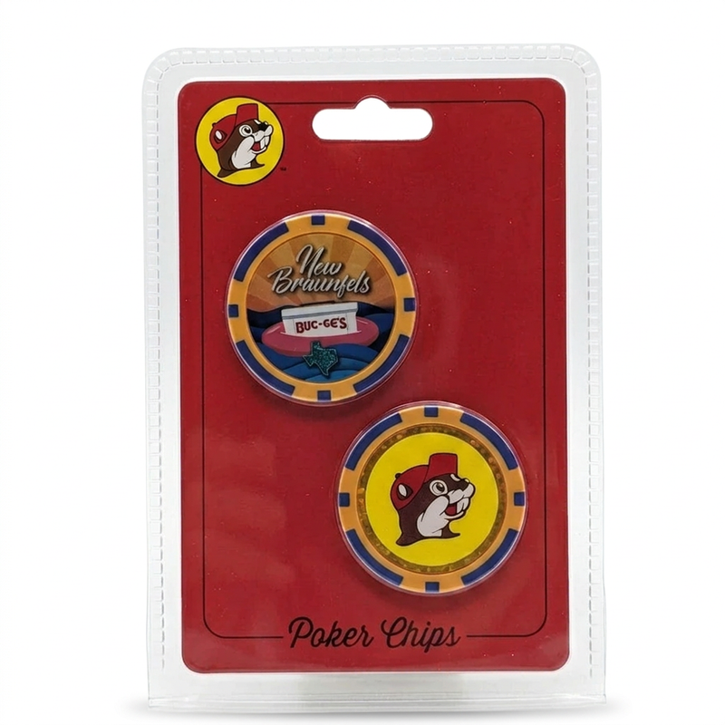 Buc-ee’s New Braunfels, TX Collectible Poker Chips 2-pack with a river tubing sunset design chip and a beaver logo chip