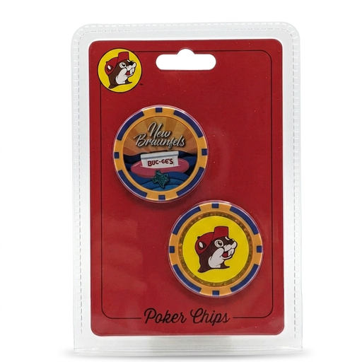 Buc-ee’s New Braunfels, TX Collectible Poker Chips 2-pack with a river tubing sunset design chip and a beaver logo chip