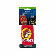 Buc-ee's Nite Ize SlapLit rechargeable LED drink wrap in red with the yellow beaver logo, in Disc-O Select retail packaging