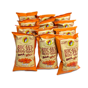 Buc-ee’s Nug-ees Bold N’ Sorta Spicy, a case of 12 orange 5 oz bags of puffed snacks with a little heat