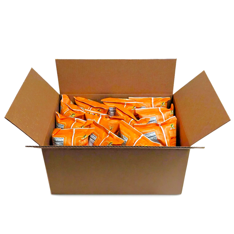 Buc-ee’s Nug-ees Bold N’ Sorta Spicy case, with orange 5 oz bags packed in an open cardboard shipping box