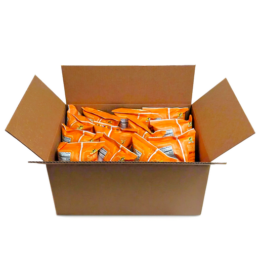 Buc-ee’s Nug-ees Bold N’ Sorta Spicy case, with orange 5 oz bags packed in an open cardboard shipping box