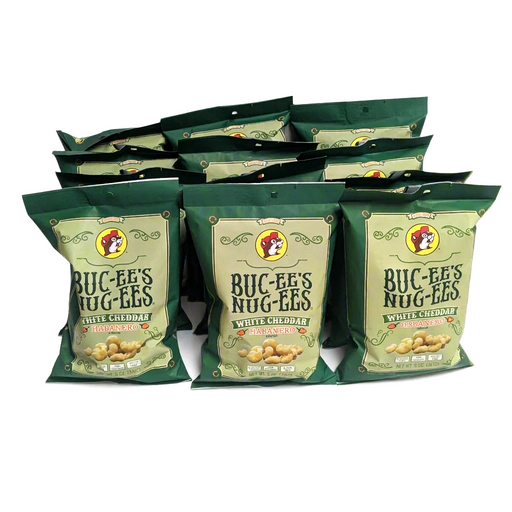 Buc-ee’s Nug-ees White Cheddar Habanero, a case of 12 green 5 oz bags of spicy puffed snacks for sharing