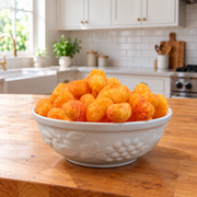 Buc-ee’s Nug-ees Bold ‘n Sorta Spicy corn puffs served in a white ceramic bowl on a wooden kitchen counter