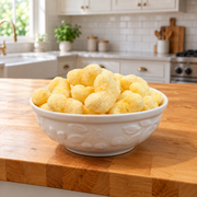 Buc-ee’s Nug-ees White Cheddar Habanero corn puffs with flecks of seasoning in a white bowl on a wooden kitchen counter