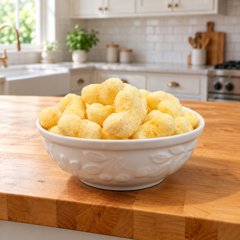 Buc-ee’s Nug-ees White Cheddar Habanero corn puffs with flecks of seasoning in a white bowl on a wooden kitchen counter