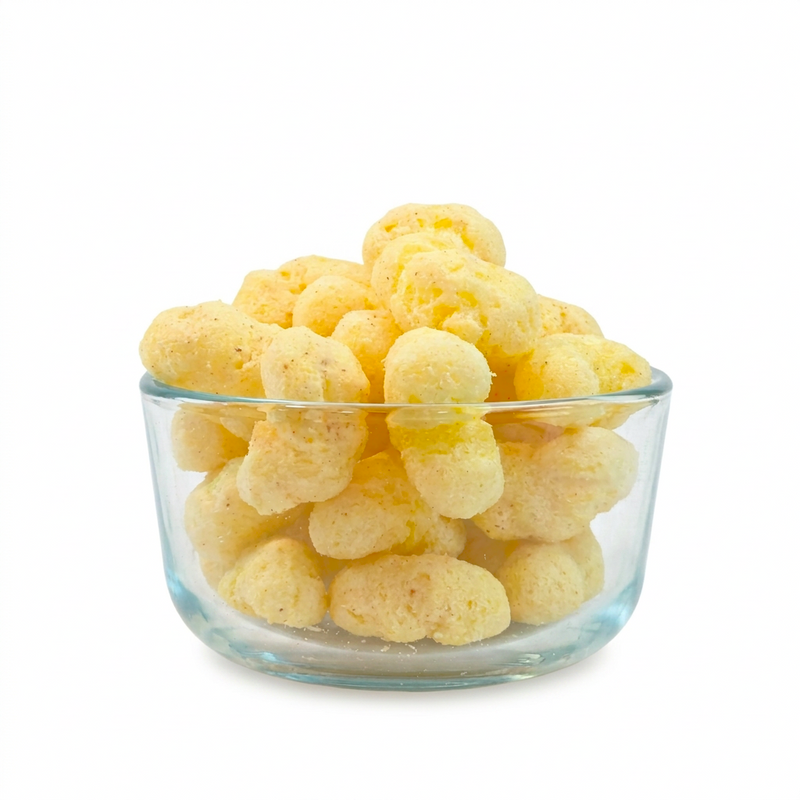 Buc-ee’s Nug-ees White Cheddar Habanero baked corn puffs in a clear glass bowl, showing their pepper-flecked texture up close