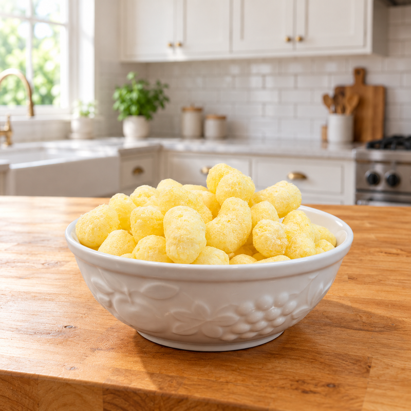 Buc-ee’s Nug-ees White Cheddar corn puffs served in a white ceramic bowl on a wooden kitchen counter