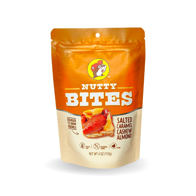 Buc-ee’s Nutty Bites in Salted Caramel Cashew Almond, a 4 oz stand-up pouch labeled gluten free and vegan
