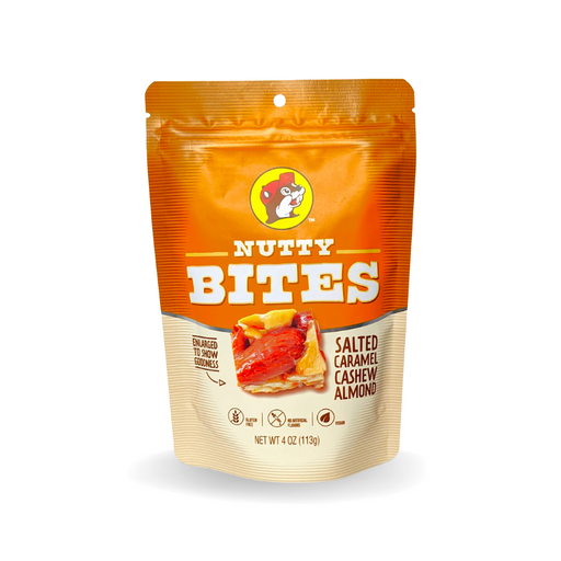 Buc-ee’s Nutty Bites in Salted Caramel Cashew Almond, a 4 oz stand-up pouch labeled gluten free and vegan
