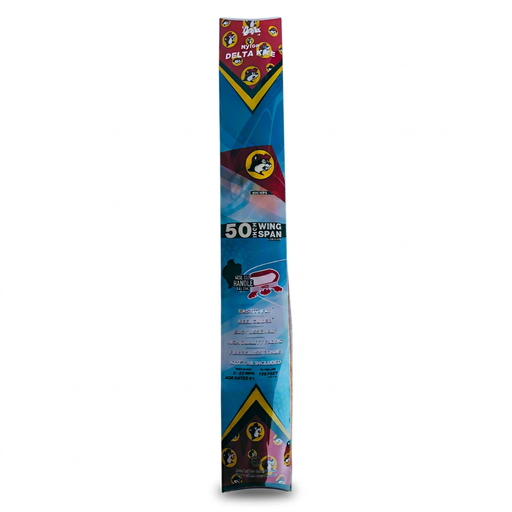 Buc-ee’s Nylon Delta Kite in a blue retail package with the beaver logo, 50-inch wingspan, and handle included