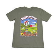 Buc-ee’s Ohio Signs green t-shirt with a farm scene graphic of a red barn, signpost, cardinal, sunflowers, and a football