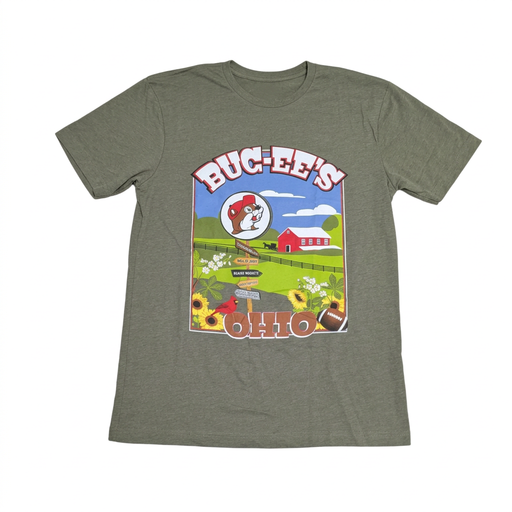 Buc-ee’s Ohio Signs green t-shirt with a farm scene graphic of a red barn, signpost, cardinal, sunflowers, and a football
