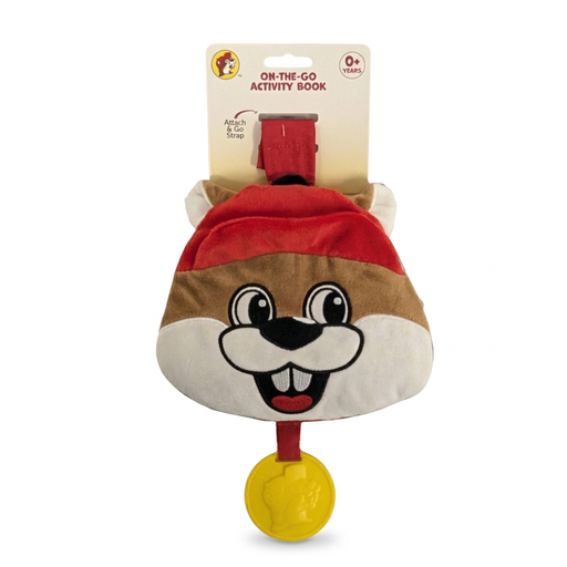 Buc-ee’s On-the-Go infant activity book, a soft beaver-face cloth book with an attach-and-go strap and yellow teether